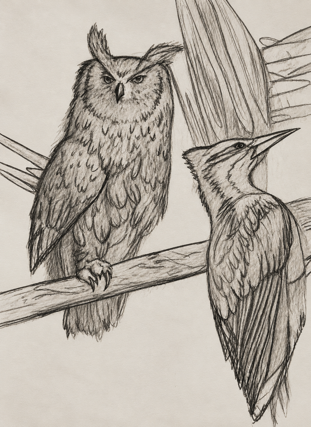Graphite Owl and Woodpecker Study.png