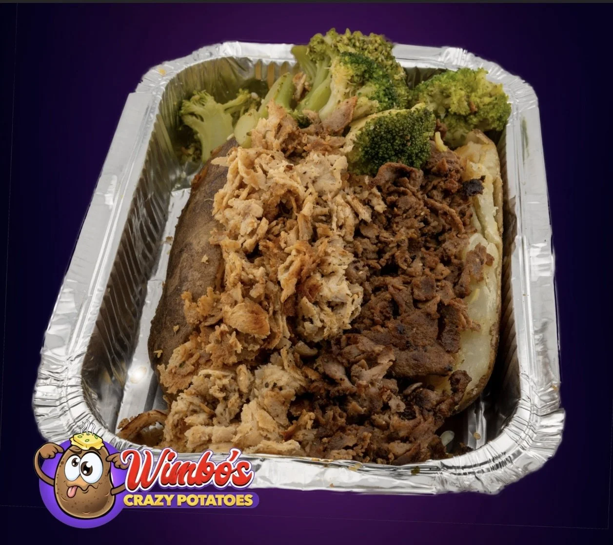 Aluminum foil tray with cooked broccoli, shredded chicken, and shredded beef, from Wimbo's Crazy Potatoes.