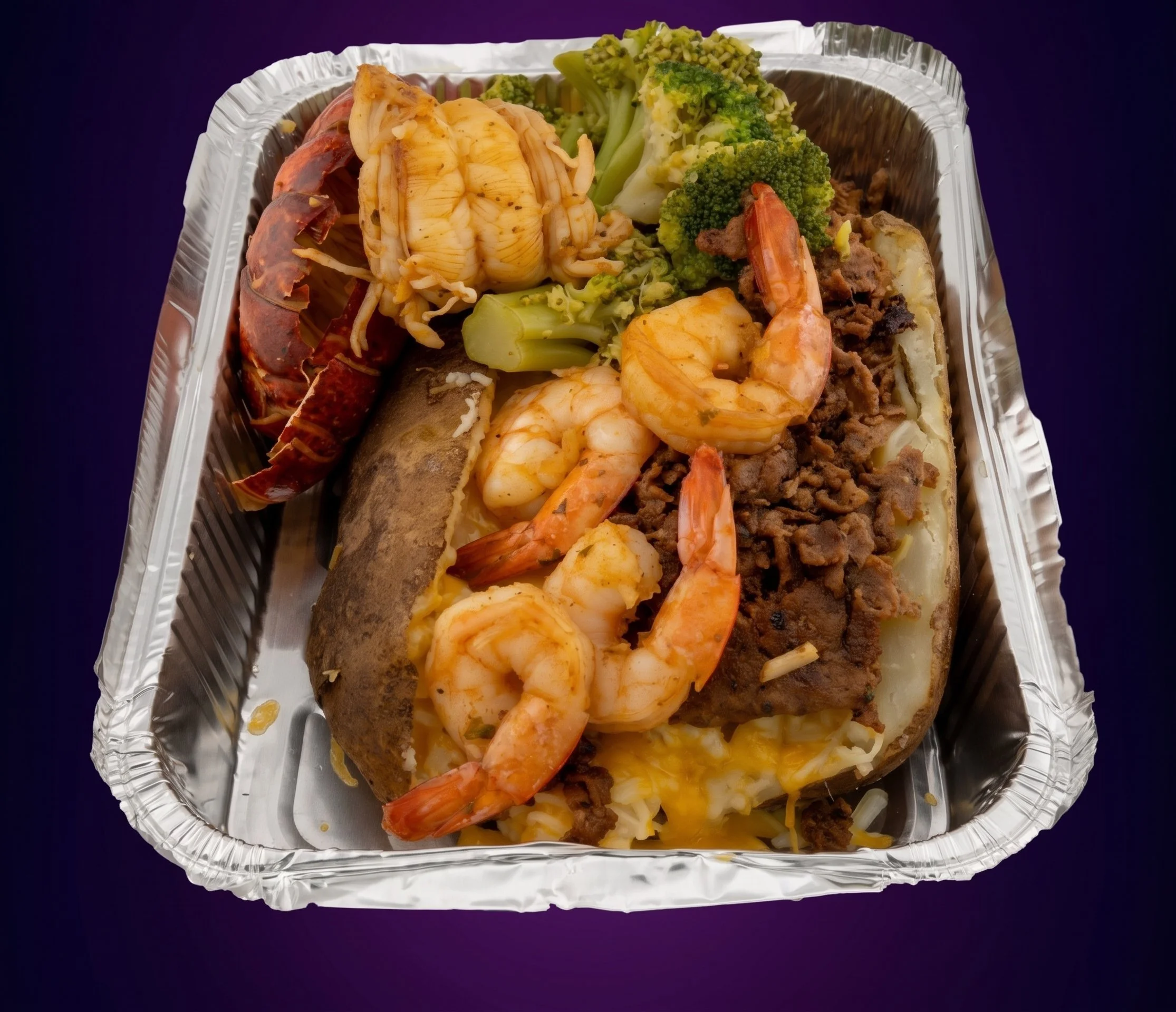 Foil container with a seafood and meat taco, including shrimp, beef, lettuce, broccoli, cheese, and onions, on a purple background.