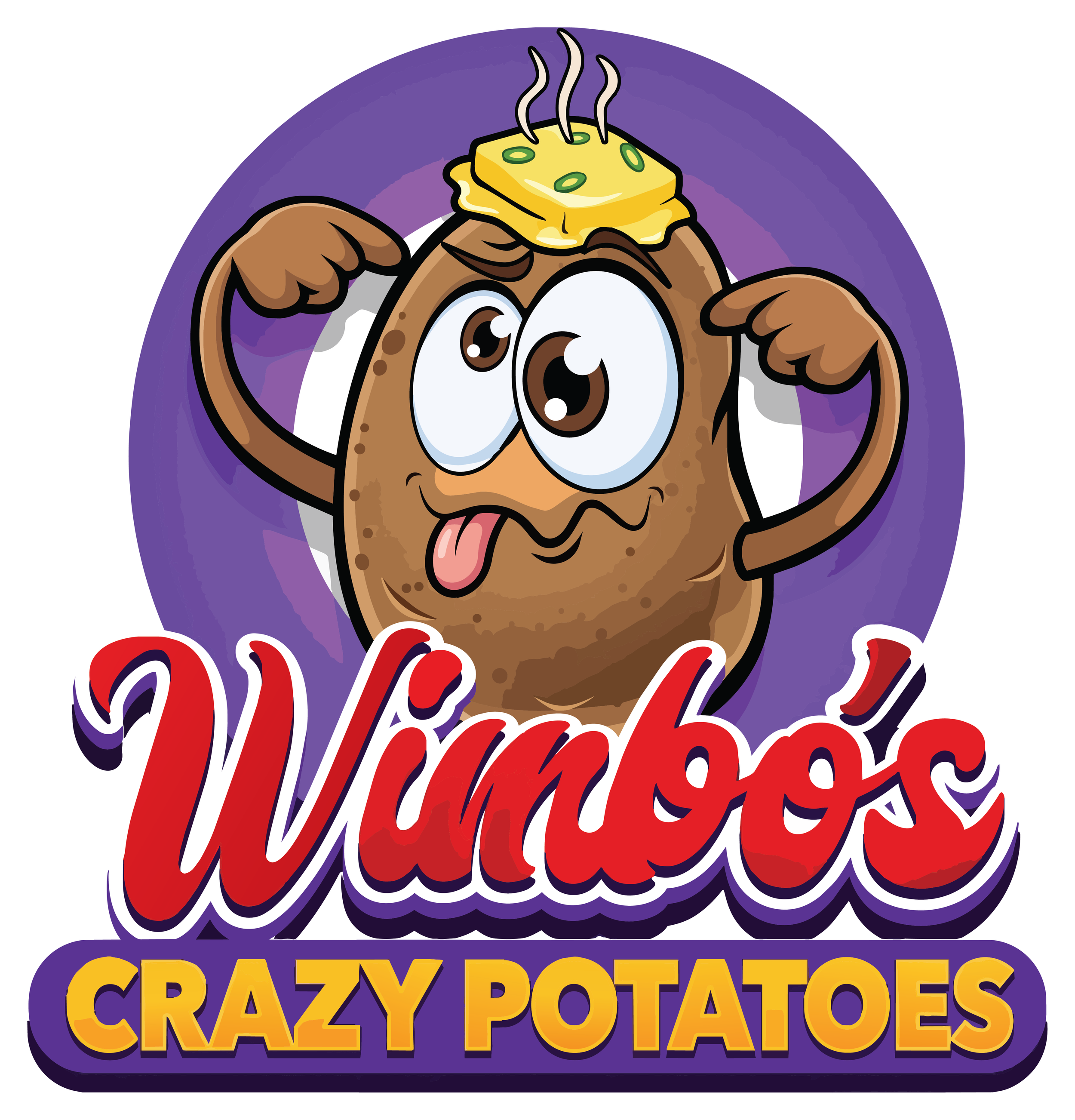 Cartoon potato with big eyes, sticking out tongue, and flexing arms, with a yellow grilled cheese sandwich on its head and steam rising from it, against a purple circular background. Text reads 'Crazy Potatoes' in yellow, red, and purple letters.