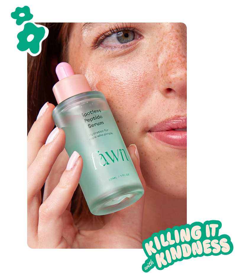 A teenage girl holds a bottle of Fawn Spotless Peptide Serum next to her face.
