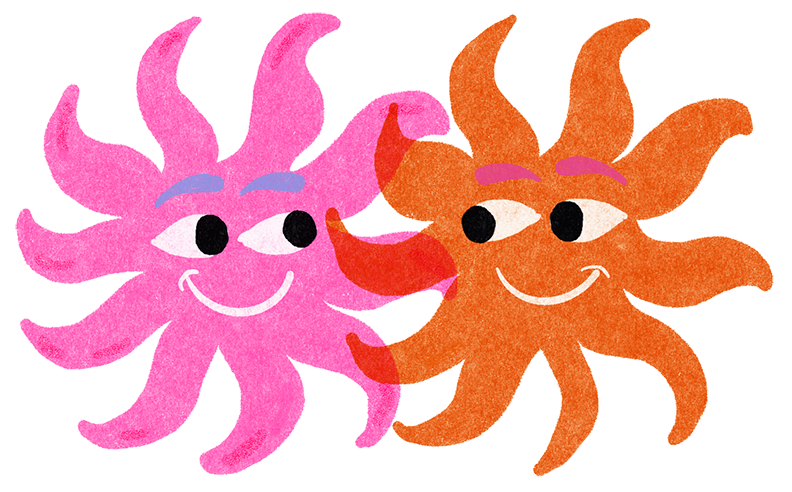 A mid-century inspired illustration of two suns with faces looking at each other.