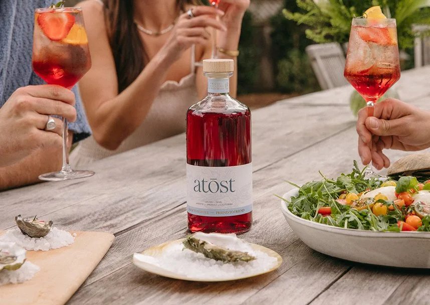 An outdoor meal scene with oysters, aperitifs in wine glasses, and a large salad, and a bottle of Atost California Aperitif.