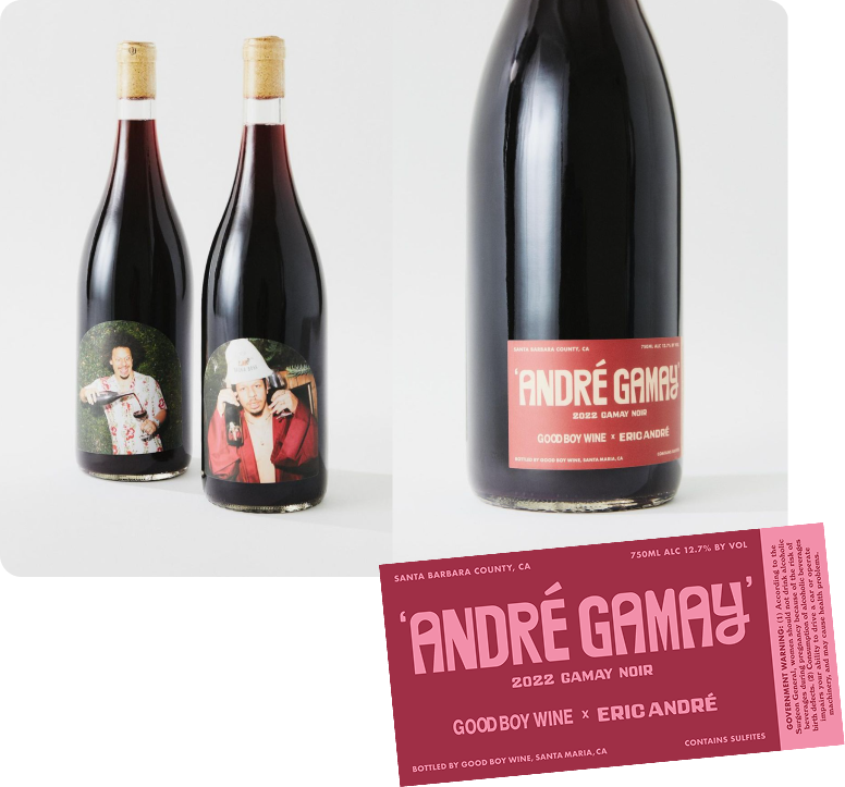 Two bottles of red wine with labels showing Eric André and a design for André Gamay wine.
