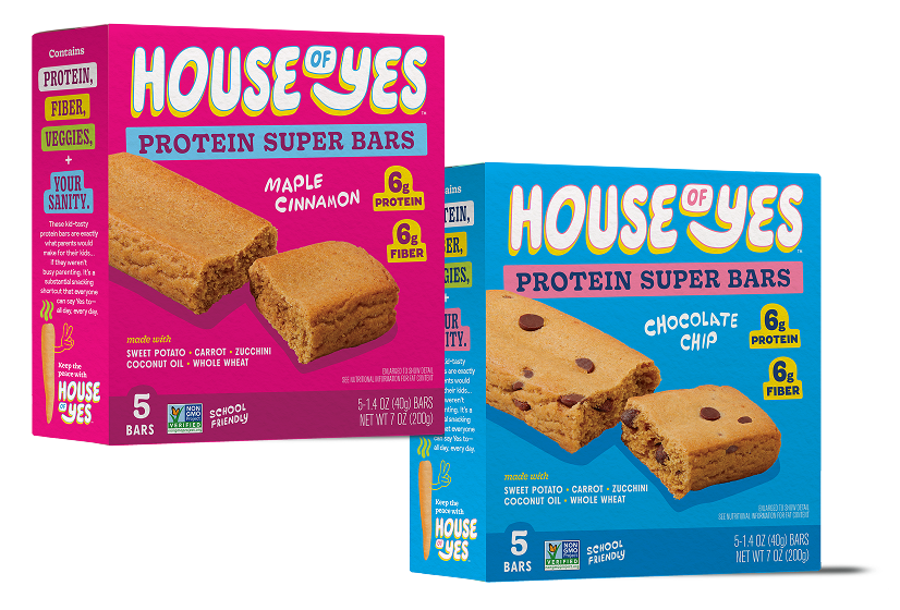 Two boxes showing two flavor designs for House of Yes Protein Super Bars.