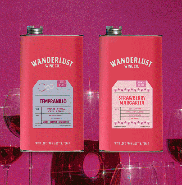 A gif cycling through images of Wanderlust Wine branding elements: the wordmark, packaging in tin cans, a tote bag, and icons.