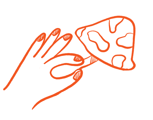 A whimsical line art illustration of a hand holding a mushroom.