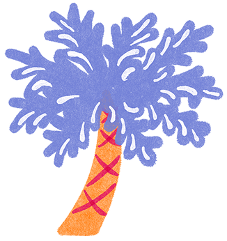 A playful illustration of a plam tree with blue leaves.