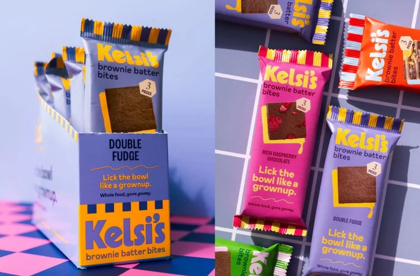 A multi-color design of caddy and wrapper packaging for Kelsi's Brownie Batter Bites.