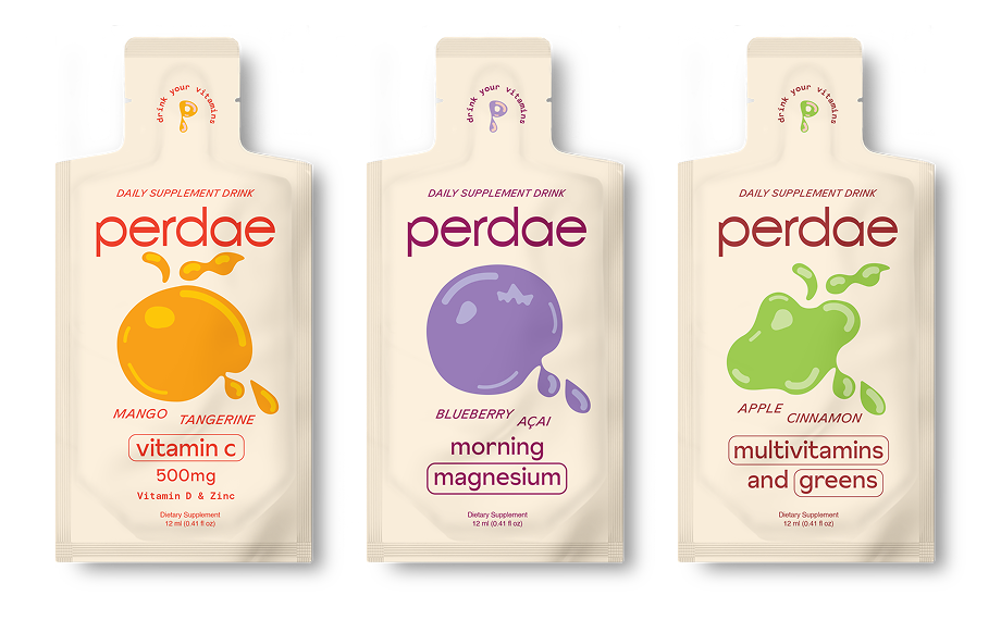 Three sachet designs for Perdae drinkable vitamin supplements.