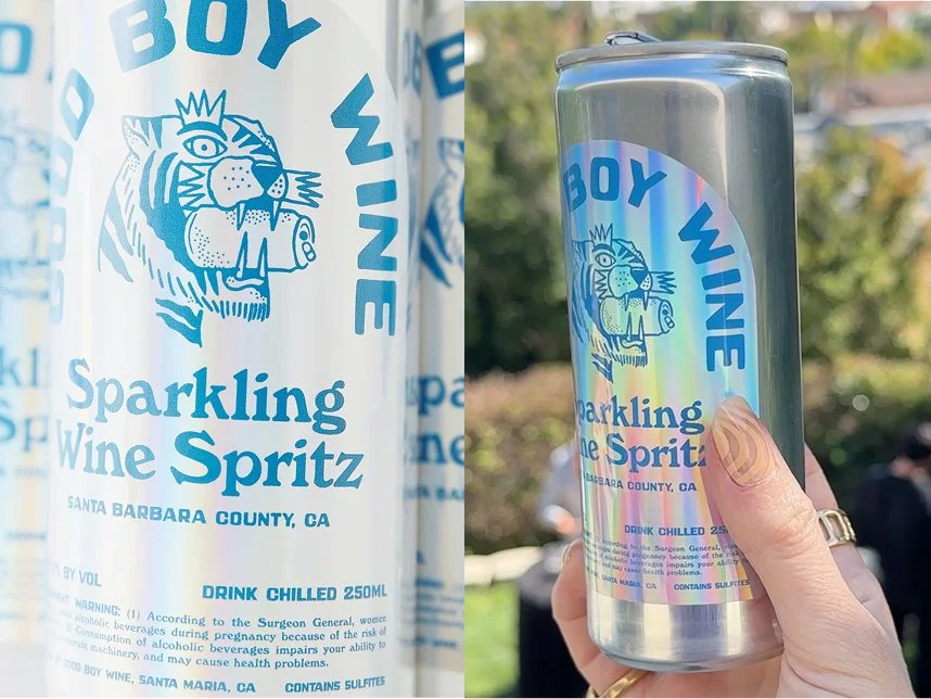 A dual-pane image showing a close up and further out view of Good Boy Wine Spritz packaging with a holographic sticker.