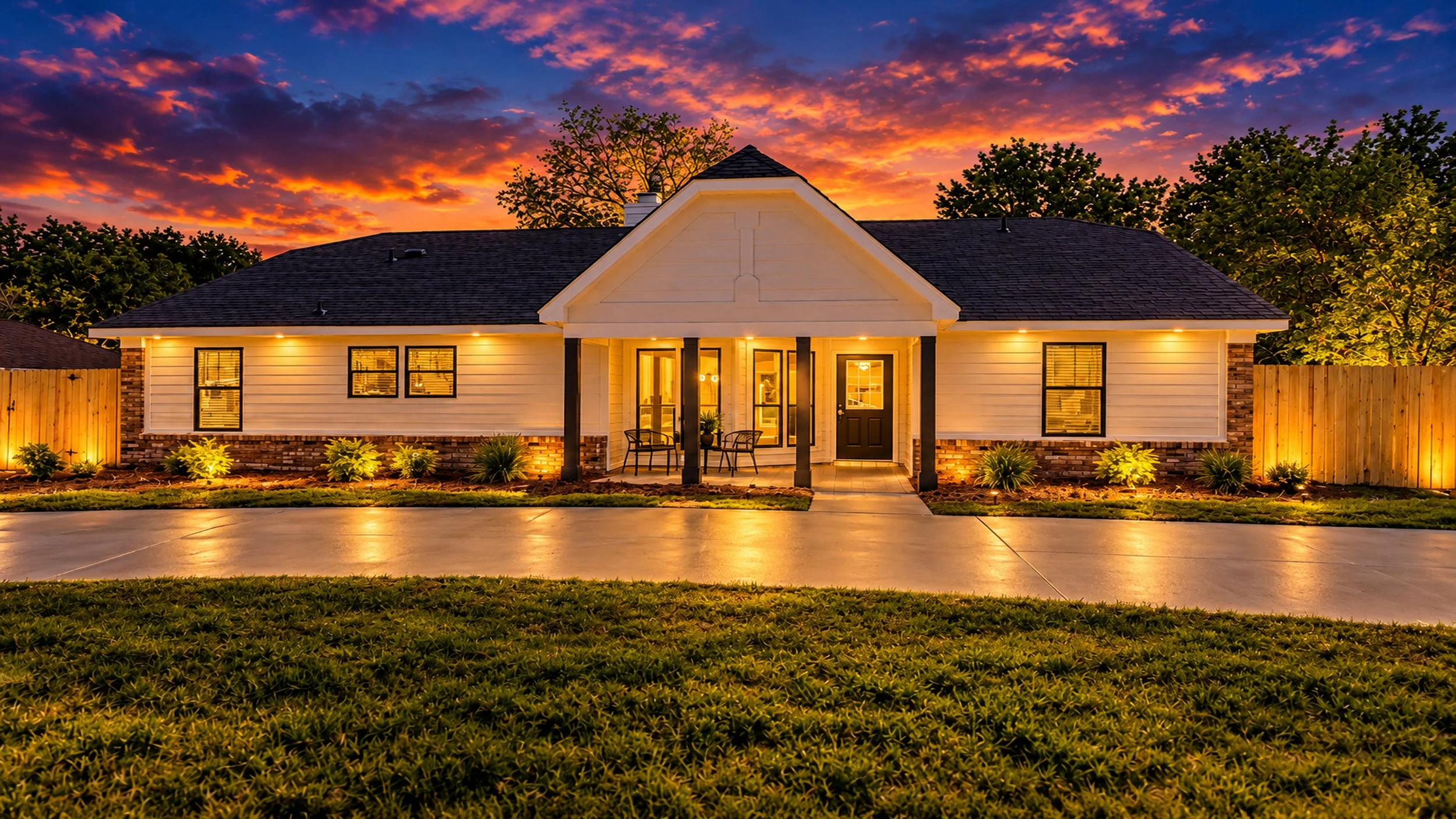 Twilight real estate photography of an illuminated residential home beneath a colorful sunset sky in Alabama.