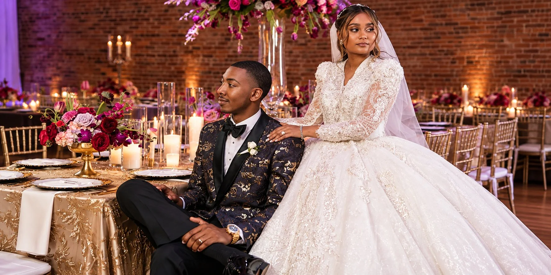 Bride in a white gown with the seated groom in a black-and-gold tuxedo, photographed by Pugh Logic Productions.