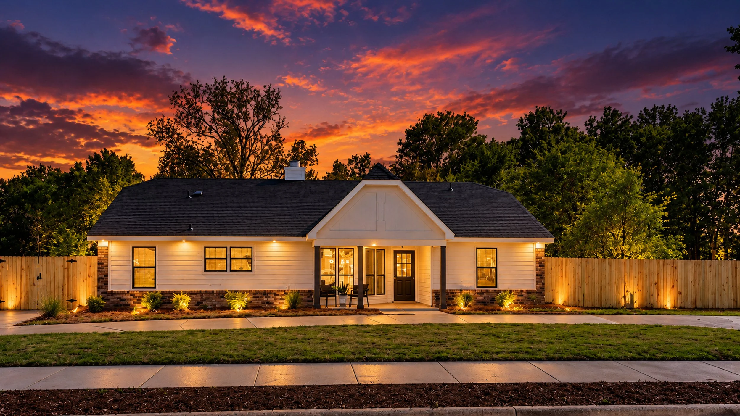 Twilight real estate photography by Pugh Logic Productions, showcasing a warmly lit home beneath a colorful sunset.