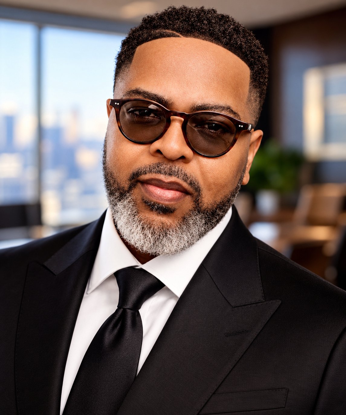 Willis Pugh, founder of Pugh Logic Productions, wearing a dark suit, white shirt, tie, and glasses.