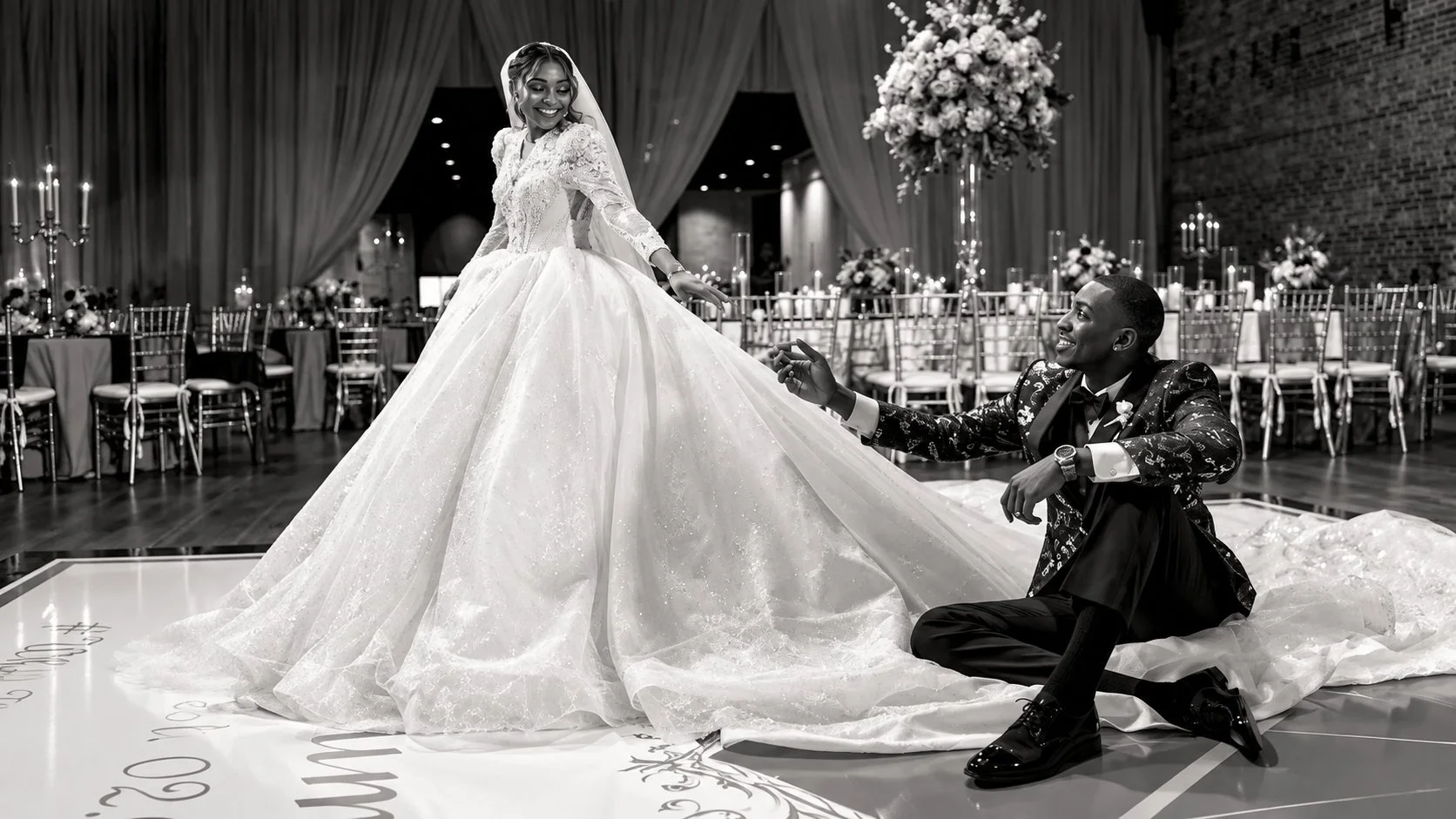 Black-and-white wedding portrait of a standing bride holding her seated groom’s hand, by Pugh Logic Productions.