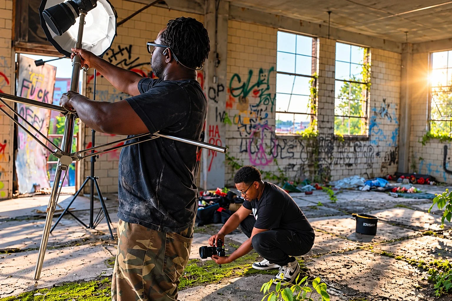 Pugh Logic Productions film crew working inside a graffiti-covered building.