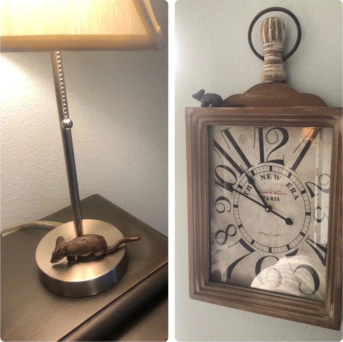 Two little mouse figurines hiding in Elaine's office, one on a lamp and one on a wall clock, for the find-the-mice game kids play at Safe Harbor Counseling Center
