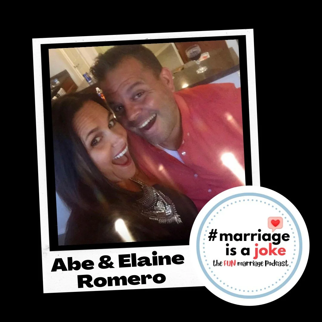 Abe and Elaine Romero, hosts of Marriage is a Joke: The FUN Marriage Podcast, smiling together