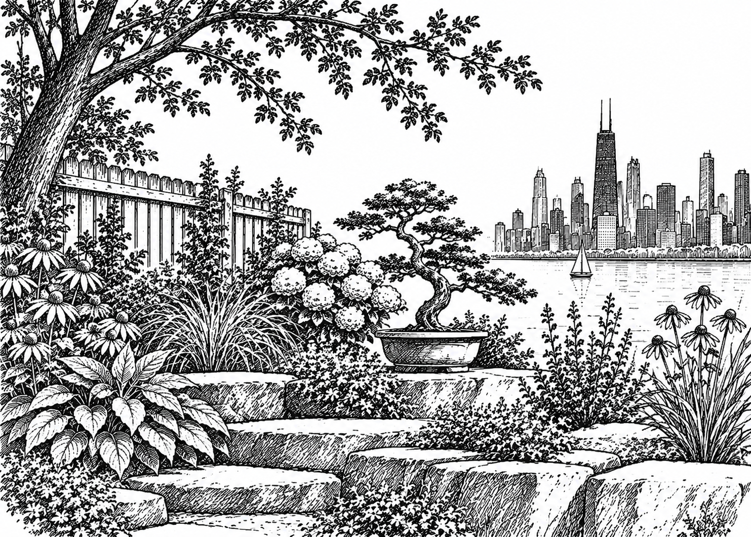 AI-generated pen & ink drawing of a terrace garden in Chicago, after receiving our services