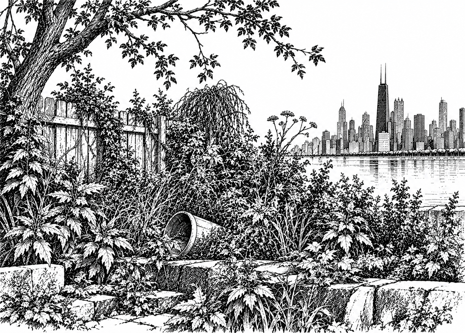 AI-generated pen & ink drawing of a terrace garden in Chicago, before receiving our services
