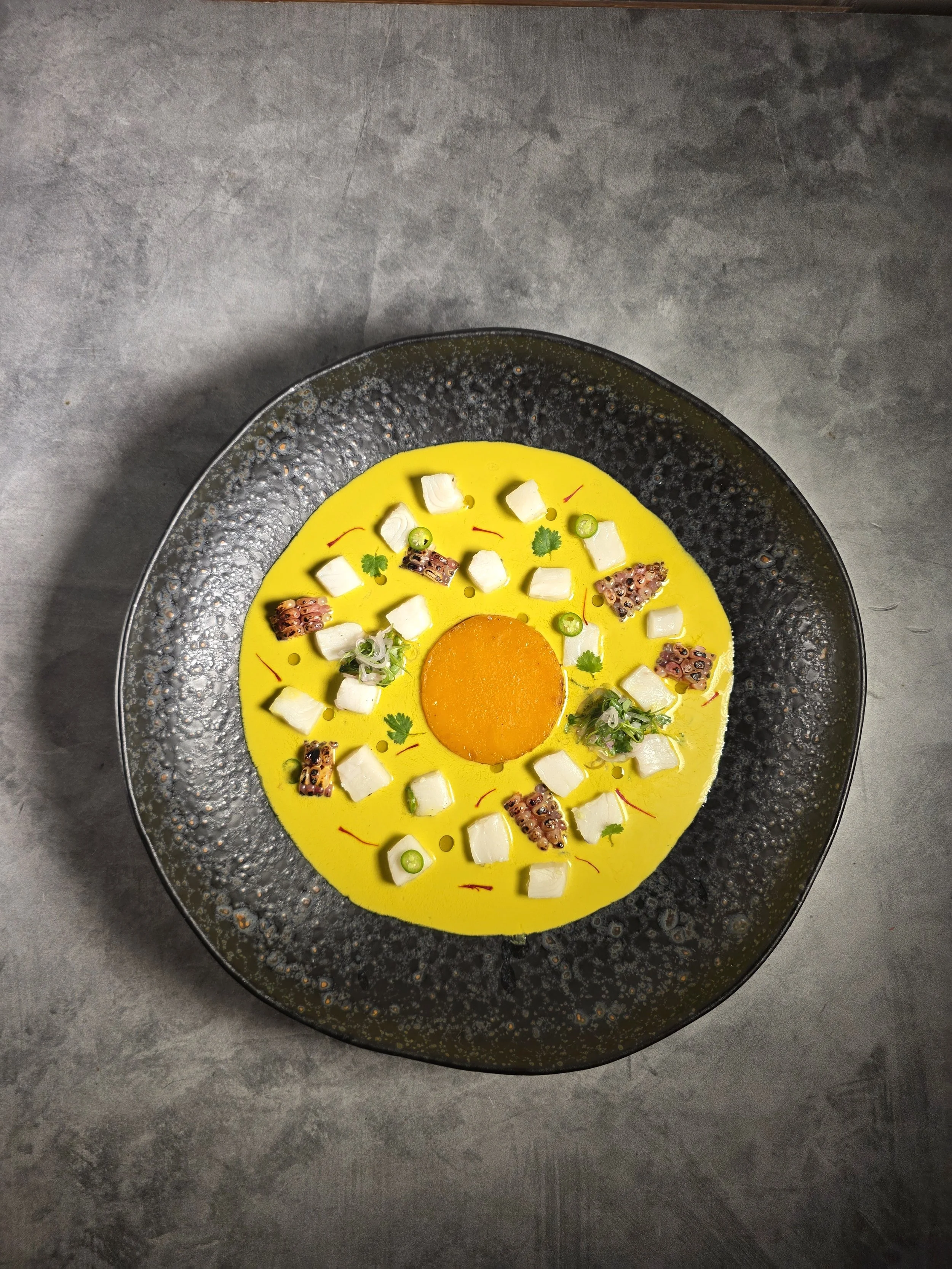 Persian inspired Ceviche created by chef piaz, private chef in Los Angeles. Saffron ceviche