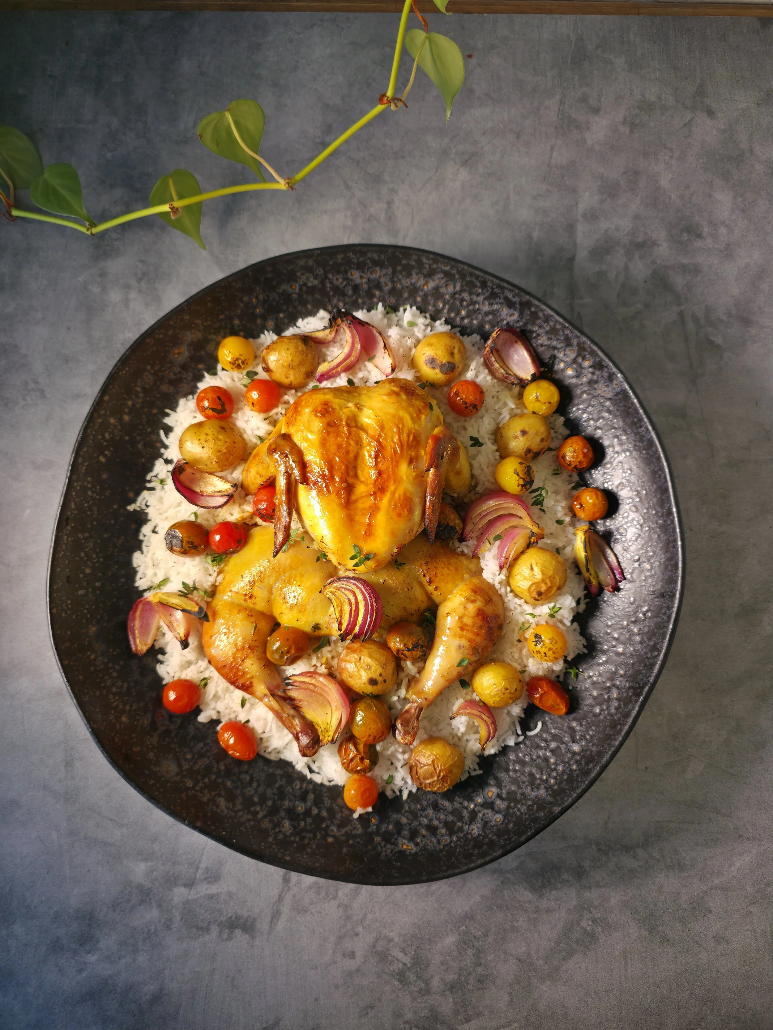 Persian Roast Saffron butter chicken with cherry tomatoes, red onions, potatoes, and rice, plated by Chef Piaz for a private dinner