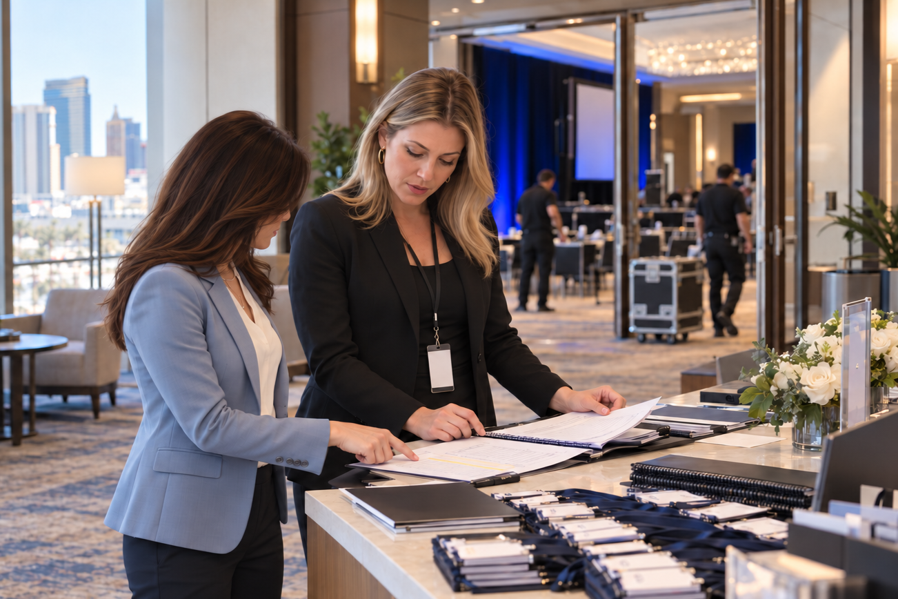 Two businesswomen reviewing event documents at a hotel registration desk with badges and conference materials