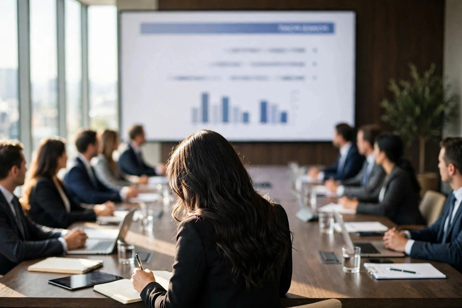 Business team meeting around a conference table with a presentation chart displayed on a screen