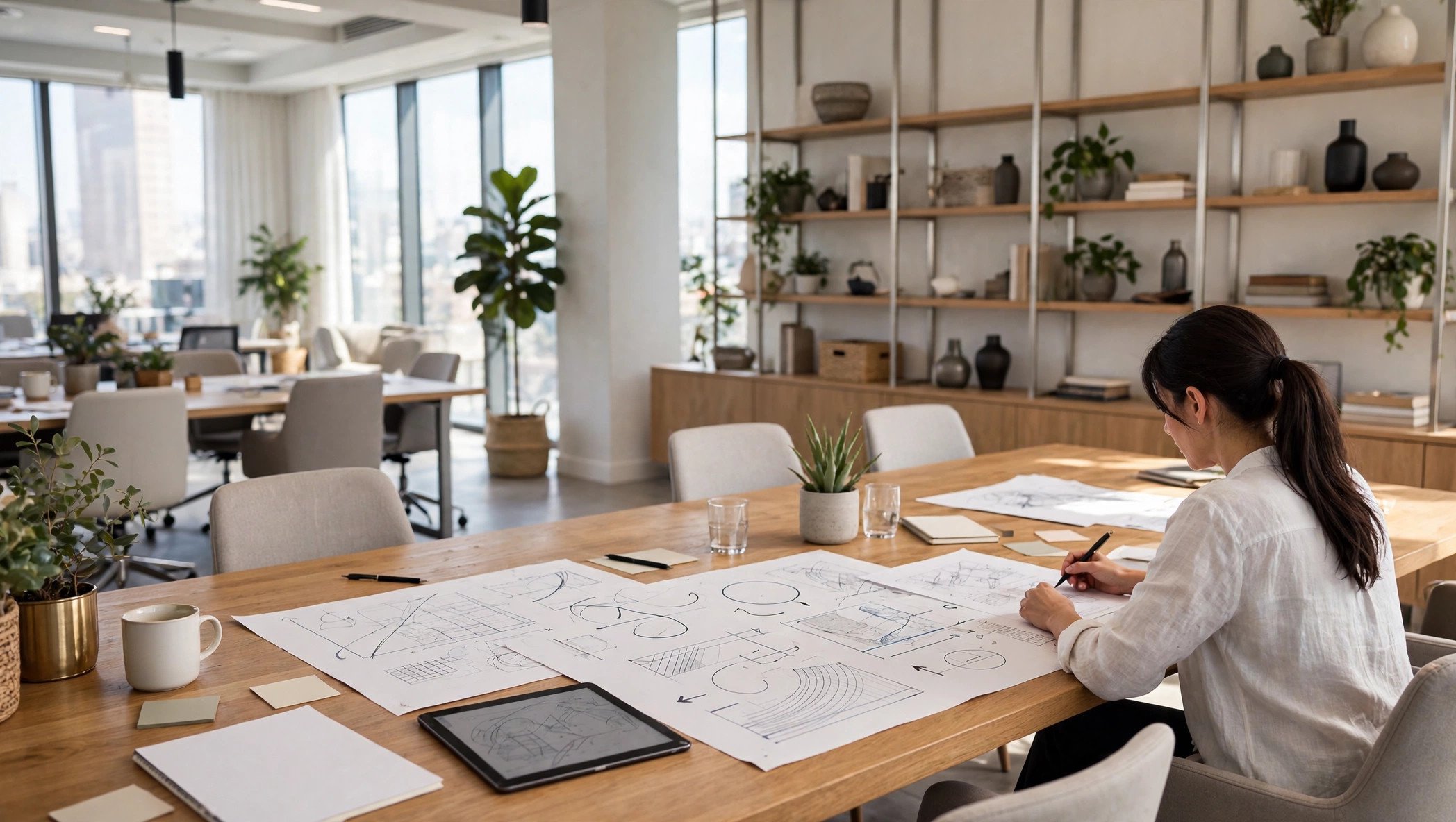 Woman sketching architectural designs at a wooden table in a bright modern office with plants and shelving