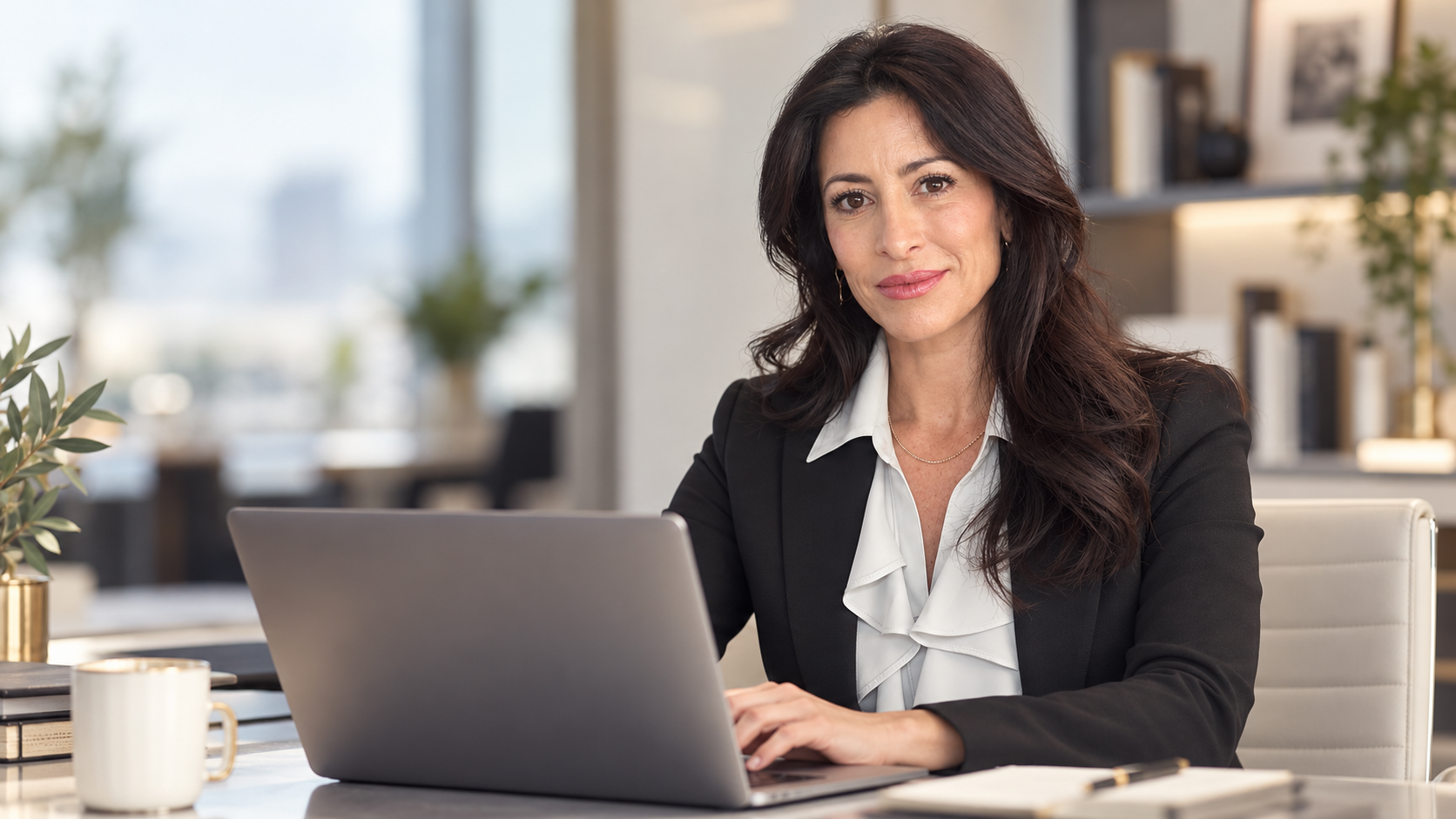 Professional woman in a black blazer using a laptop at a modern office desk