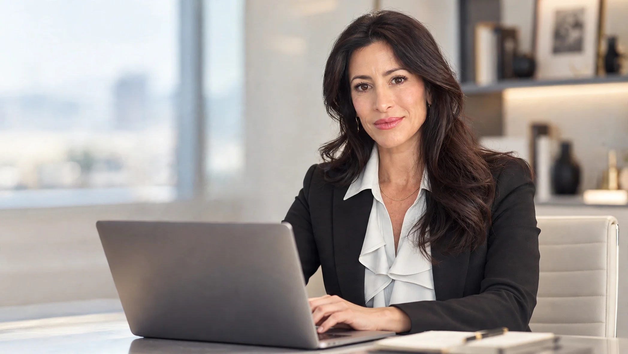 Businesswoman in a black blazer using a laptop at a desk in a modern office