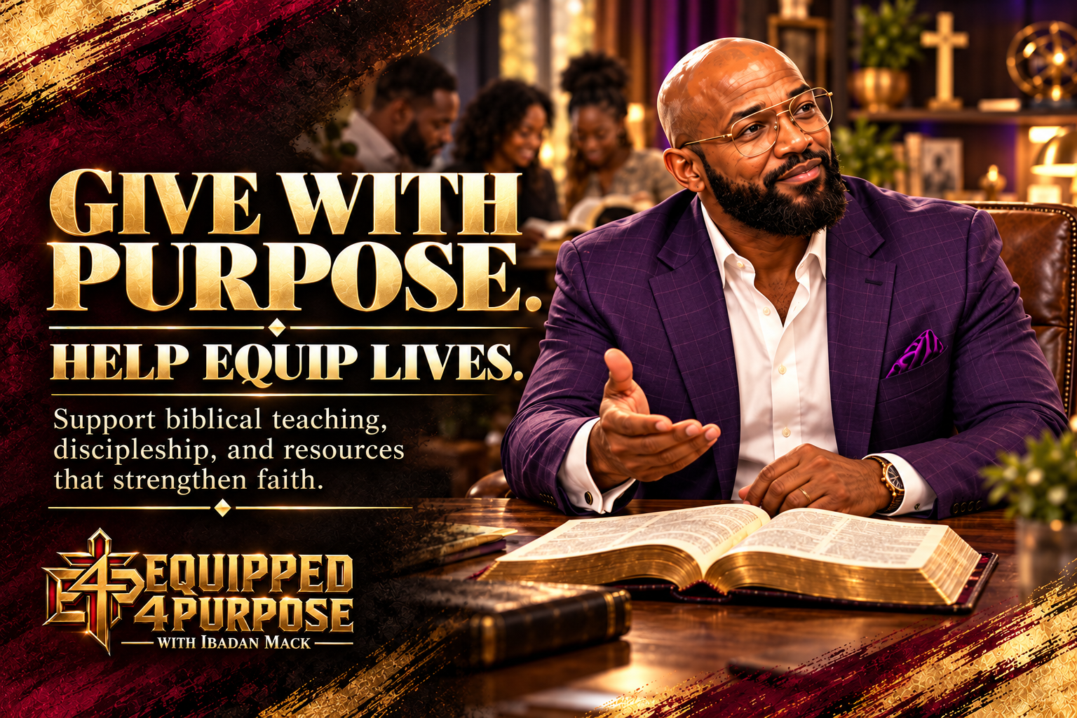 A man in a purple suit and glasses sitting at a wooden table with an open Bible, gesturing with his hand in a discussion or teaching setting, with a blurred group of people in the background. Overlaid text promotes giving to support biblical teaching and resources, with a logo at the bottom left reading "Equipped 4 Purpose with Ibadan Mack".