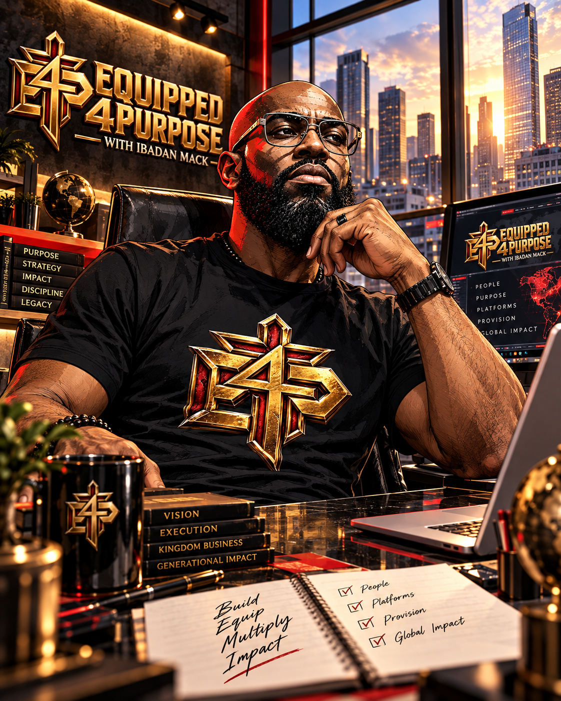 A man with a beard and glasses sitting at a modern desk in an office with large glass windows showing a cityscape during sunset. He wears a black T-shirt with a gold and red logo and sits contemplatively with his hand on his chin. The office has a sign reading 'Equipped 4 Purpose with Ibadan Mack,' and various items on the desk include a laptop, a black mug with the same logo, a notepad with handwritten goals, and gold-accented decor. The background features a television screen displaying related presentation slides.