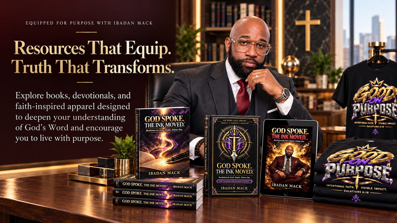A man in a suit sits at a desk with books and apparel displaying a biblical theme. The books are titled 'God Spoke: The Ink Moved' and feature religious graphics. The apparel includes T-shirts with phrases like 'Good on Purpose' and biblical references. The background shows a bookshelf, a cross, and city views through window.