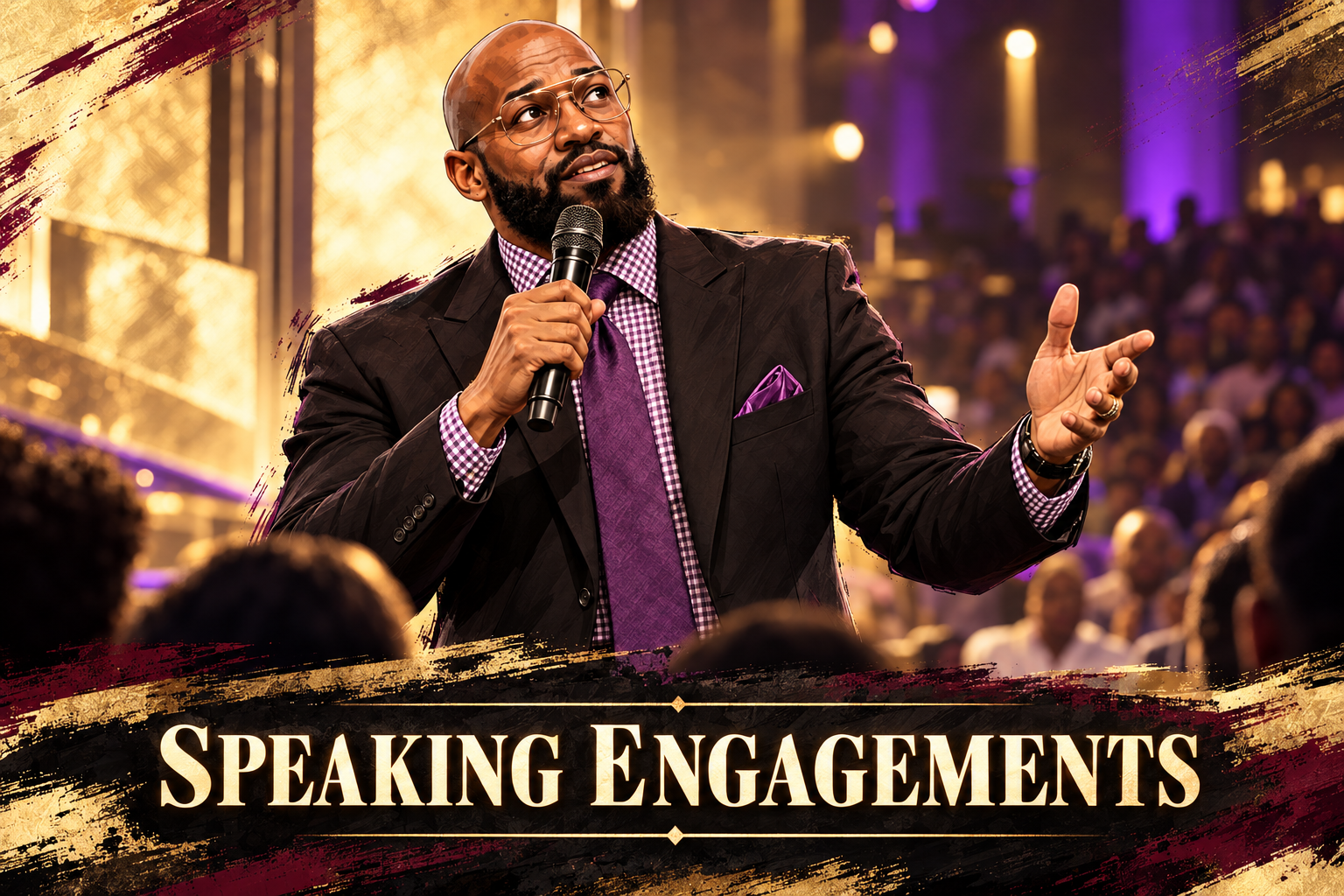 A man with a beard and glasses holding a microphone in one hand, gesturing with the other, speaking at an event with a large audience. The background is illuminated with purple and gold lighting. The text overlay reads 'SPEAKING ENGAGEMENTS'.