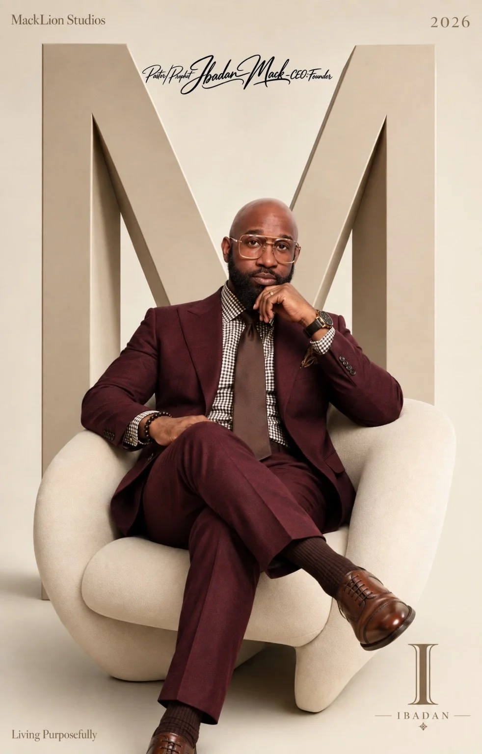 A man dressed in a maroon suit with a checkered shirt, brown tie, and brown shoes, sitting in a white modern chair, with a large beige letter 'M' in the background, and text that reads 'Pastor Prophet Ibadon Mack - CEO: Founder' and '2026'.