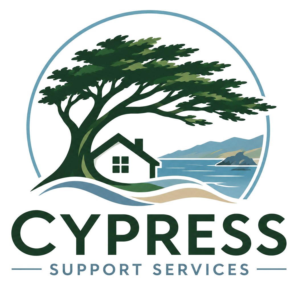 A logo featuring a large tree with sprawling branches, a house near water, hills in the background, and the word "CYPRESS" beneath it, with "SUPPORT SERVICES" written below.