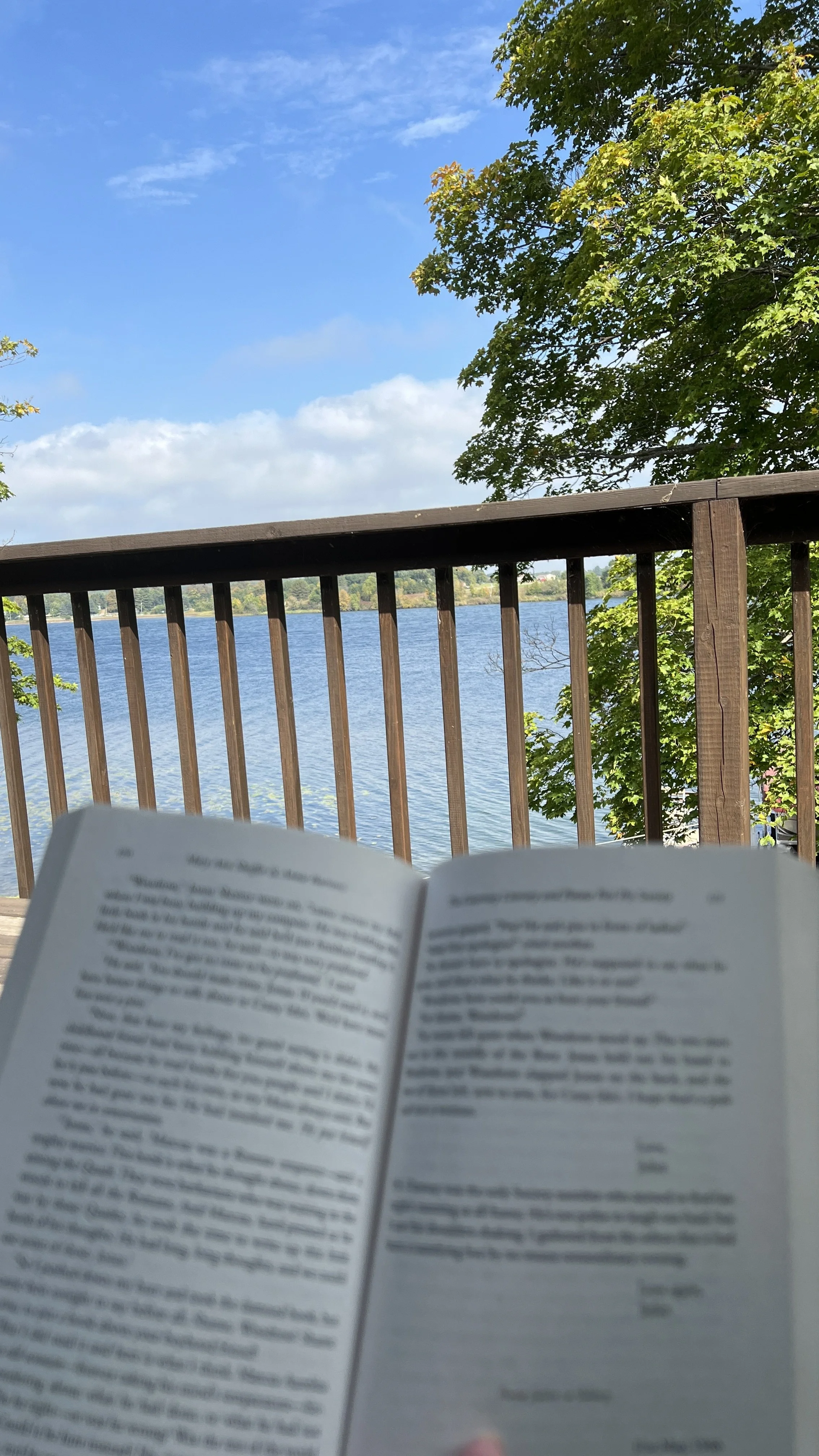 A person reading a book or a paper on a balcony with a view of a lake, green trees, and a blue sky with some clouds.