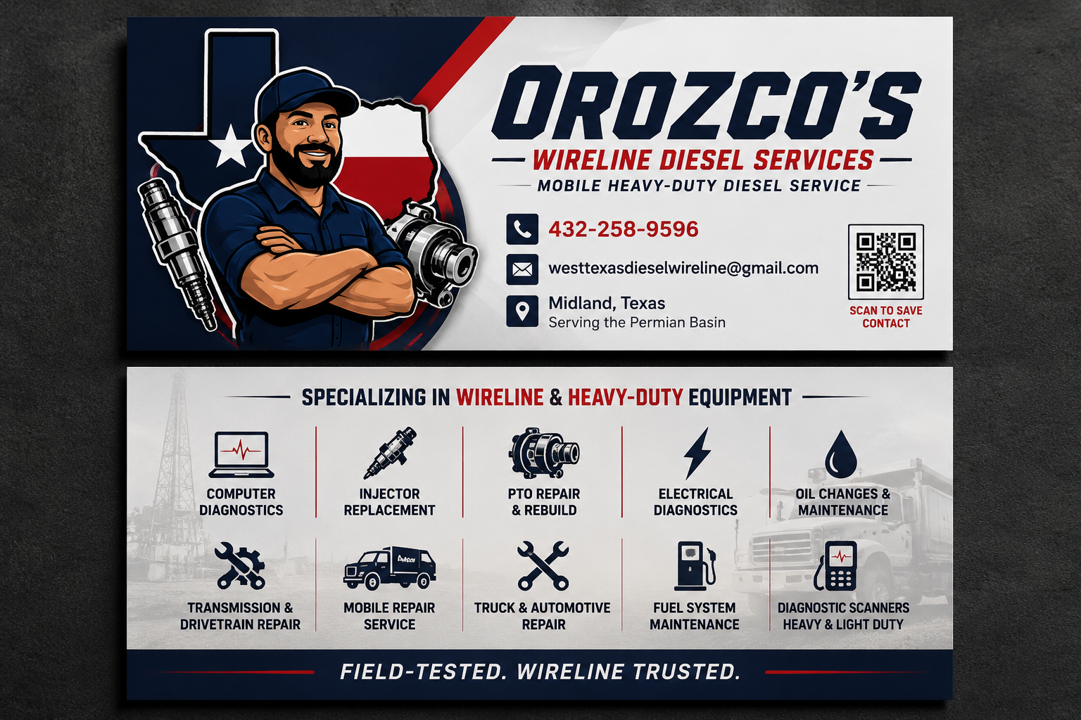 Business card and flyer for Orocco's Wireline Diesel Services featuring a cartoon of a male technician with arms crossed holding a tool, a background outline of Texas, contact information, and a list of specialized heavy-duty diesel services including diagnostics, injector replacement, PTO repair, electrical diagnostics, oil changes, transmission repair, mobile service, truck repair, fuel system maintenance, and diagnostic scanners.