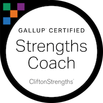 Gallup Certified Strengths Coach logo with black, pink, purple, blue, and gray color blocks