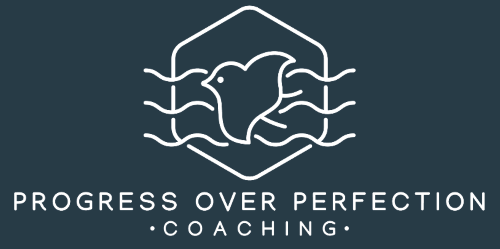 Logo with a stylized bird inside a hexagon and wavy lines, with the text 'Progress Over Perfection Coaching' underneath.