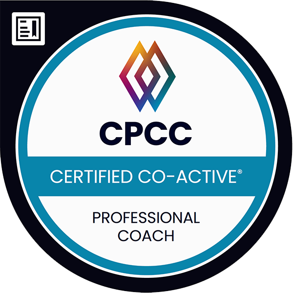 A circular badge with the CPCC logo, indicating Certified Co-Active Professional Coach.