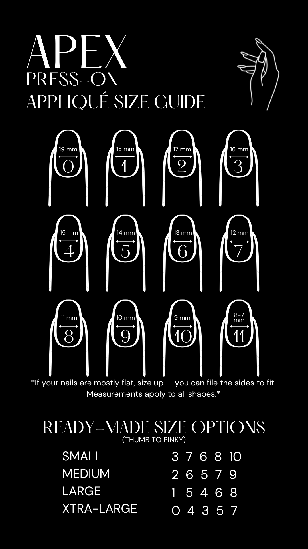 This image shows a size guide for press-on nails, with measurements in millimeters for sizes 0 through 11. It includes instructions for nail sizing and ready-made size options ranging from small to extra-large, with corresponding thumb to pinky sizes listed.