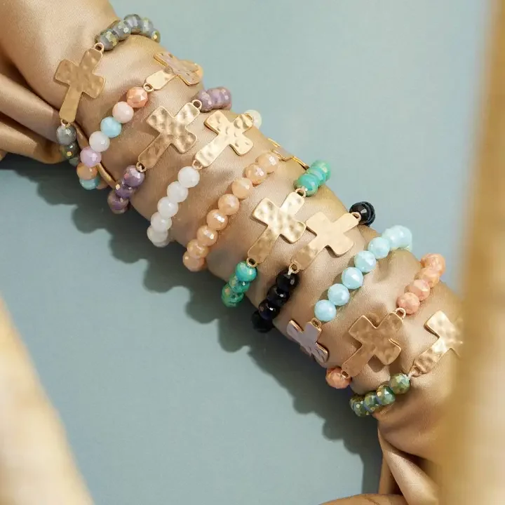 Glass Beaded Cross Charm Stretch Bracelet (1pc)
