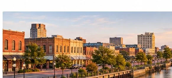 A cityscape featuring a row of historic brick buildings along a street with trees, parked cars, and a waterfront with a walkway.