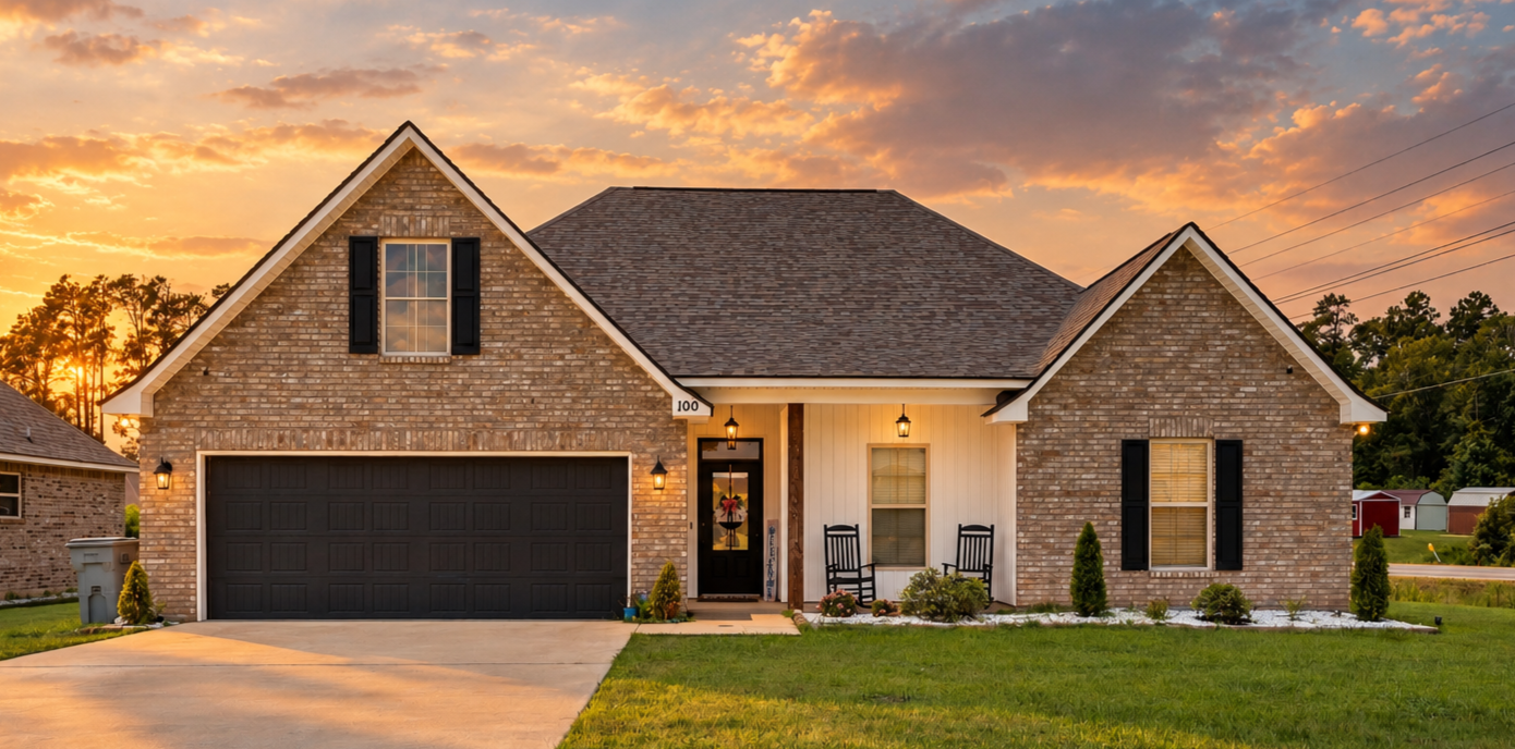 A brick and siding house with a black garage door, front porch with two rocking chairs, and landscaped lawn at sunset.