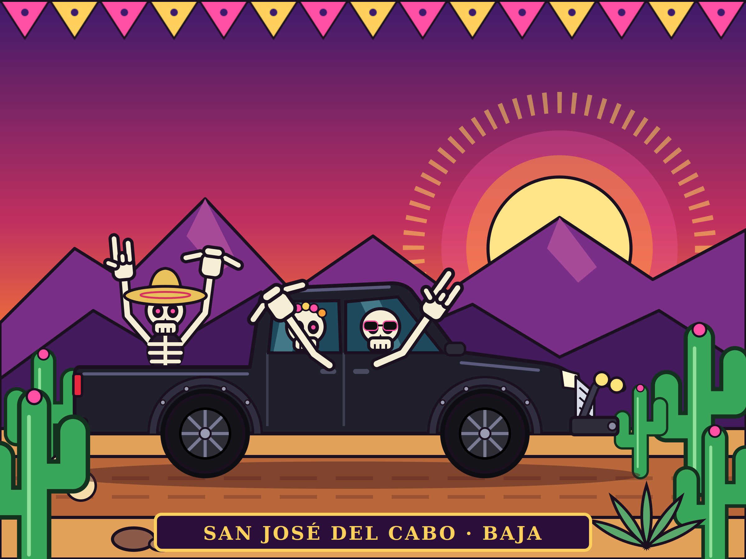 A colorful cartoon-style illustration of two skeletons with skull faces and sunglasses, driving a black car through a desert landscape with purple mountains, cacti, and a setting sun with radial lines. The scene has a festive atmosphere with decorative bunting and a sign that reads "SAN JOSÉ DEL CABO · BAJA."