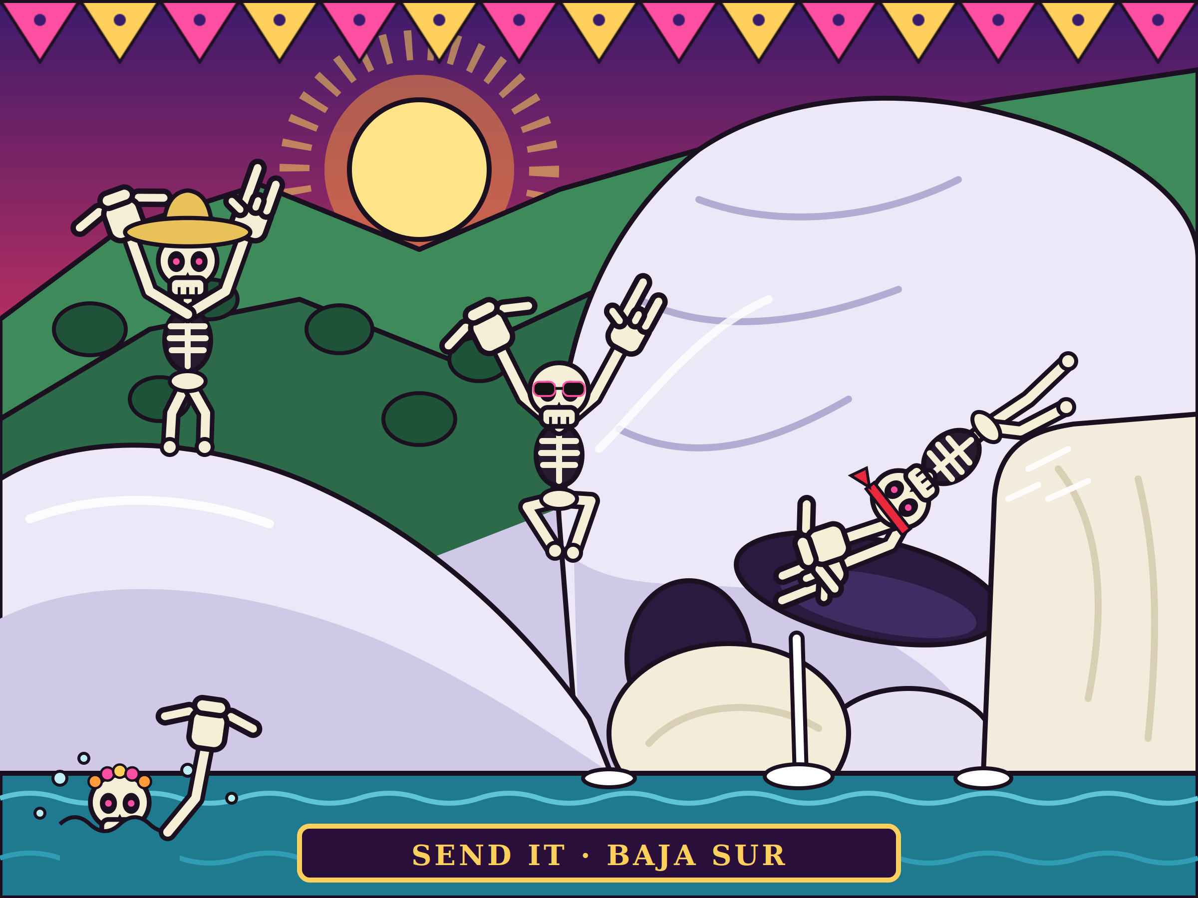 Festive scene with skeleton characters enjoying a sunset, with decorated banners and colorful background. Includes a skeleton paddleboarding in the water with skeletons at the beach.
