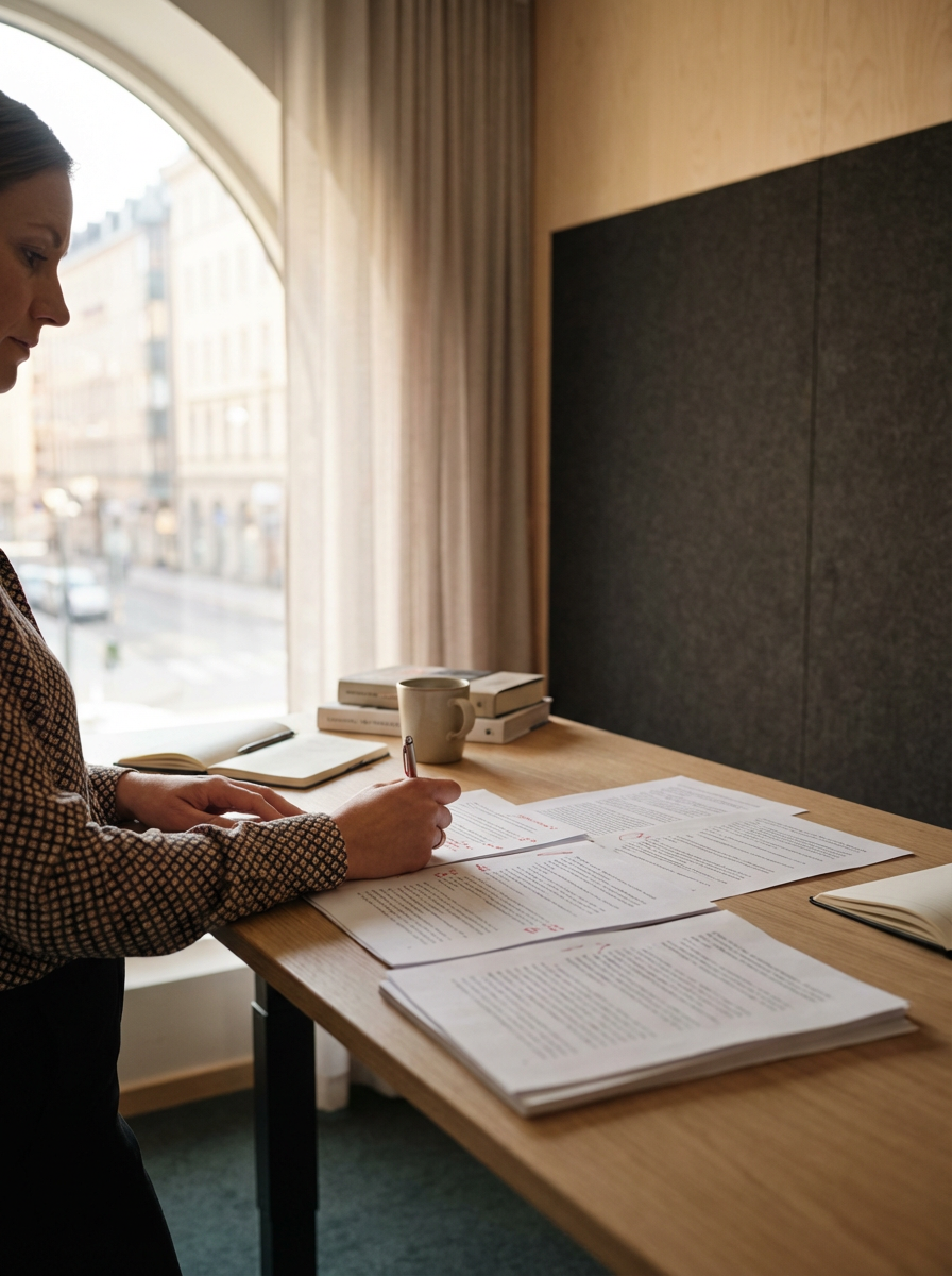 A woman standing at a desk reviewing and editing documents with a pen, in a well-lit room with a large window, a coffee mug, and stacked books.